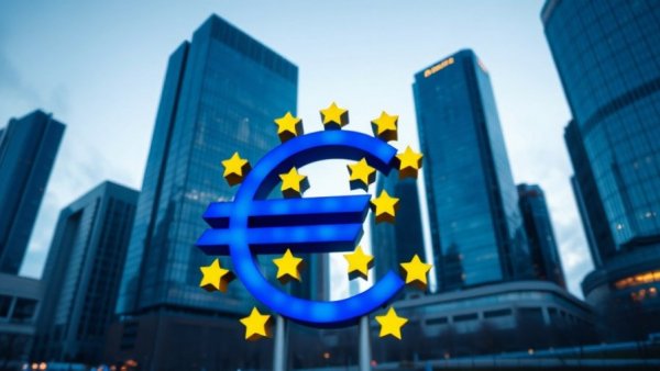 Illuminated Euro symbol with stars, evening cityscape in the background.