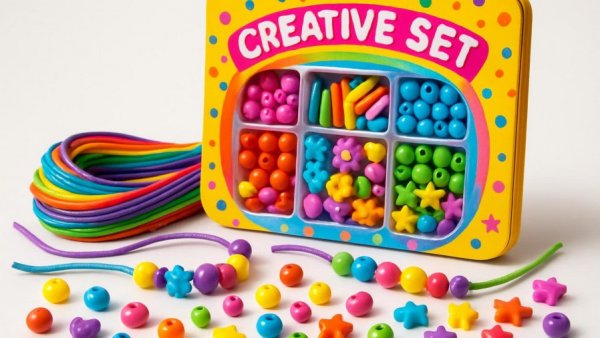 DIY-Sets für Kinder: Vibrant creative box with strings and beads.
