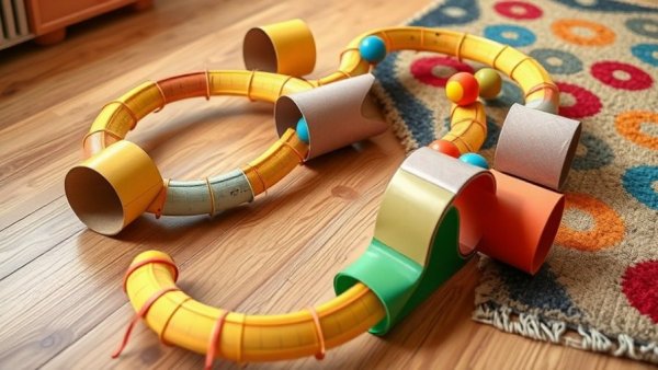 DIY Ballbahn mit Papprohren on wooden floor, vibrant and colorful.
