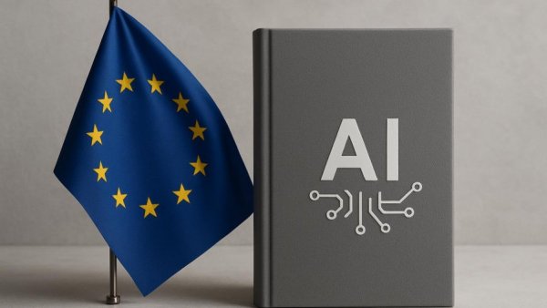 EU flag next to an AI book symbolizing KI-Tool LLMoin.