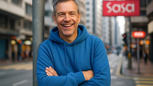 Teenie-Partys im Sasa: Smiling man in blue hoodie by Sasa sign.