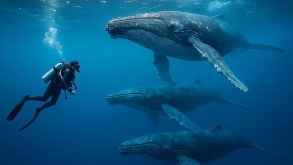 Buckelwale diving with a diver in clear ocean water.