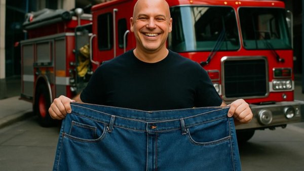 Fabians Weg zu einem gesünderen Leben: Firefighter with large pants in urban setting.