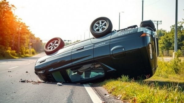 Overturned Renault car crash in greenery, Renault überschlägt sich Unfall.
