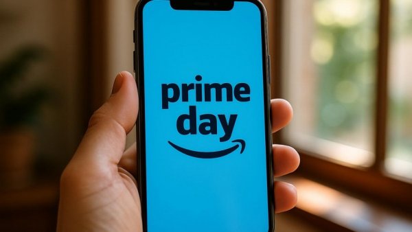 Amazon Prime Day 2026 logo displayed on a smartphone screen indoors.