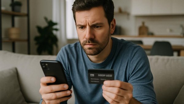 Man with smartphone and credit card, potential Banking-Trojaner Android-Geräte threat.