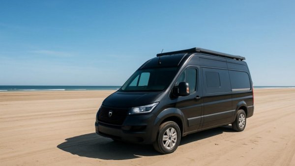 Autark leben im Camper: Black van on sunny beach, blue sky.
