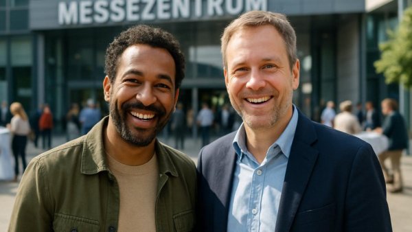 Two men standing outside Messezentrum, Impulse für den Spielwarenmarkt event.