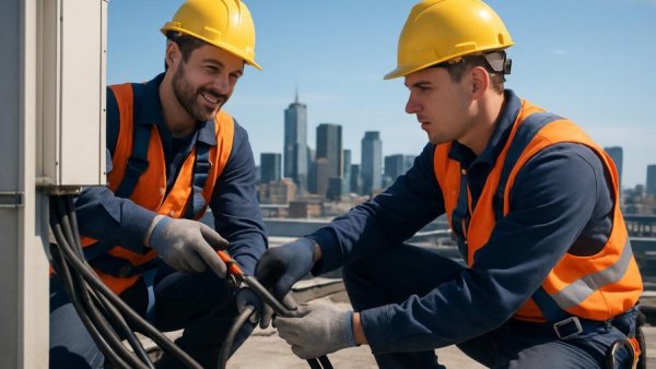 Technicians improving cellular coverage in Stormarn on a rooftop.
