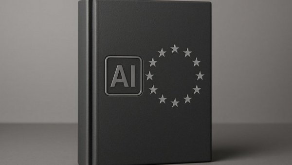 Gray AI-themed book and EU flag representing KI übernimmt Krankentransporte.