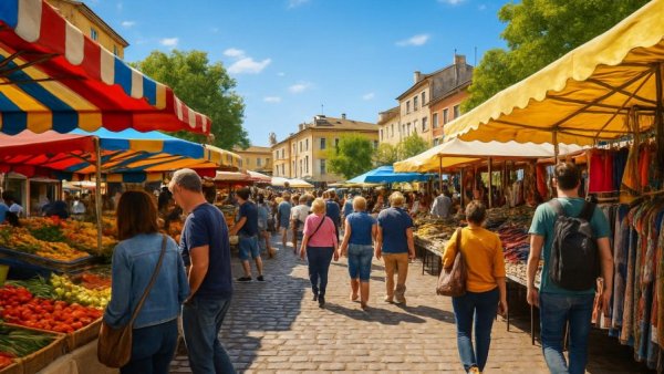 Colorful Wochenmarkt Bad Oldesloe with people at market stalls