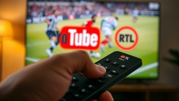 Hand holding remote, YouTube and RTL logos on TV screen for Gratis YouTube Stream Schalke gegen Düsseldorf.