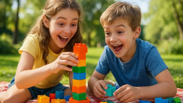 Children playing with Mount-Flix Turmbau-Würfelspiel, having fun.