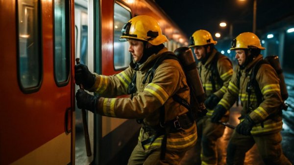 Train safety exercised by firefighters during nighttime