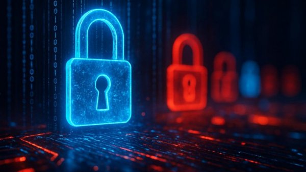 Futuristic digital padlocks depict cybersecurity vulnerabilities.