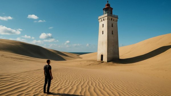 Wandernder Leuchtturm Dänemark in expansive sand dunes with blue sky.