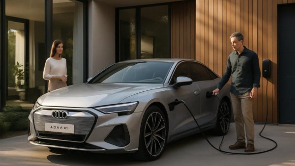 Audi A6 e-tron parked at a modern home, emphasizing leasing offers.