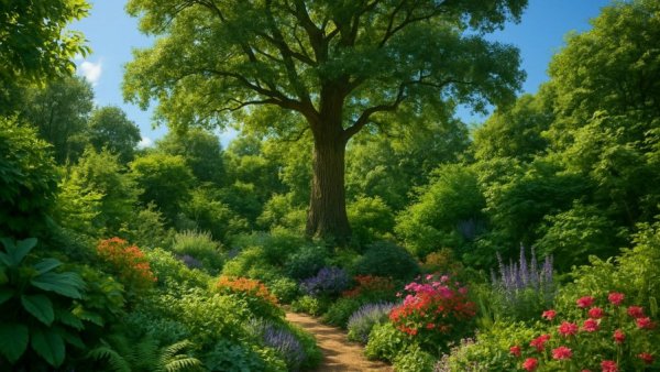 Lush green garden with tall tree under bright sunlight, Gartenideen für Familien.