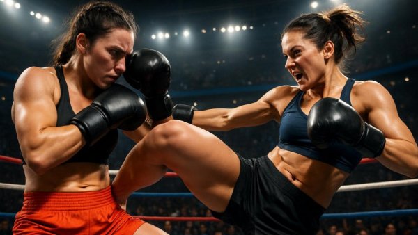 Kickboxen für Kinder: Two female kickboxers in a competitive match.