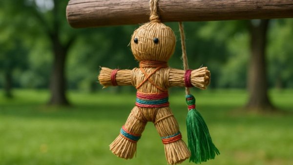 Handmade voodoo doll with green tassel tied to a pole in Bad Oldesloe park.
