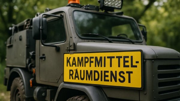 Kampfmittelräumdienst vehicle sign amid trees, verdächtiger Umschlag Hoisdorf.