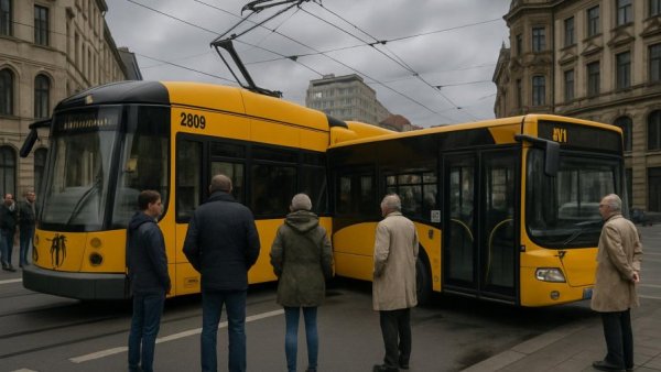 Collision between tram and bus in Dresden with people observing.