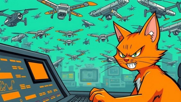 Mischievous cartoon cat controlling drones, illustrating turnkey totalitarianism.