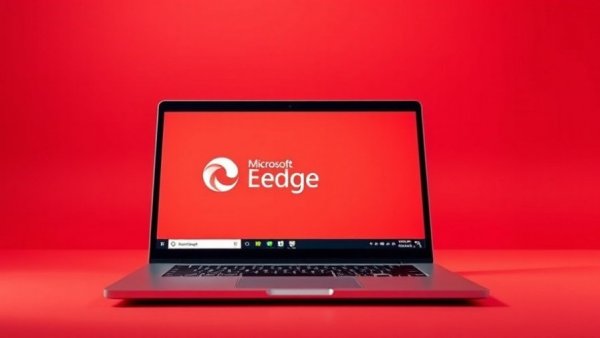 Laptop showing Microsoft Edge logo on red background, Microsoft Edge Passwortproblem.