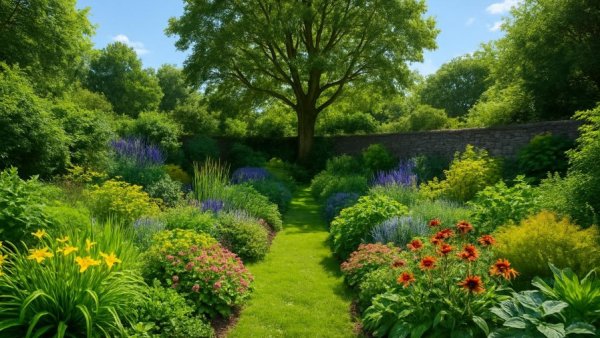 Vibrant green garden under sunny sky, showcasing garden benefits.
