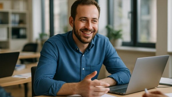 Smiling man discussing DSGVO-Leitlinien für die Forschung in an office.