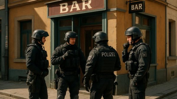 Polizei operation outside a bar in urban setting.