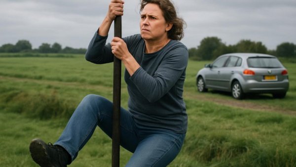 Middle-aged woman trying klootstockspringen in a countryside setting.
