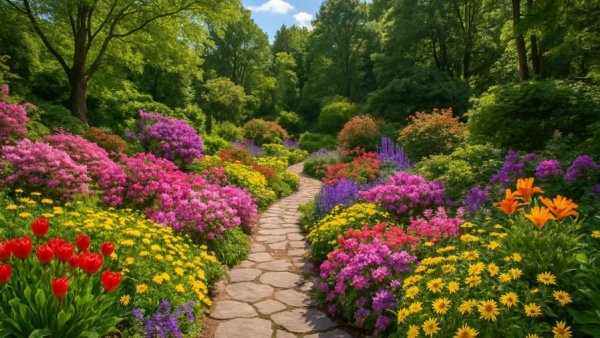 Pflanzen für das Leben lush garden scene with stone pathway.