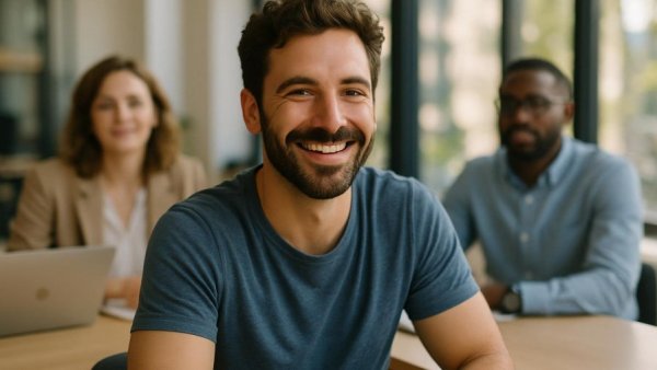 Casual man smiling at meeting about E-Evidence-Gesetz EU in modern office.