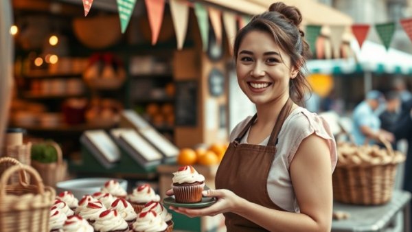 Wochenmärkte Niedersachsen: Baker serves cupcakes at market stall.