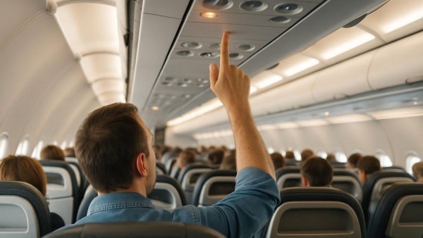 Interior of an airplane cabin, passenger pointing up, Geheime Sprache der Flugbegleiter.