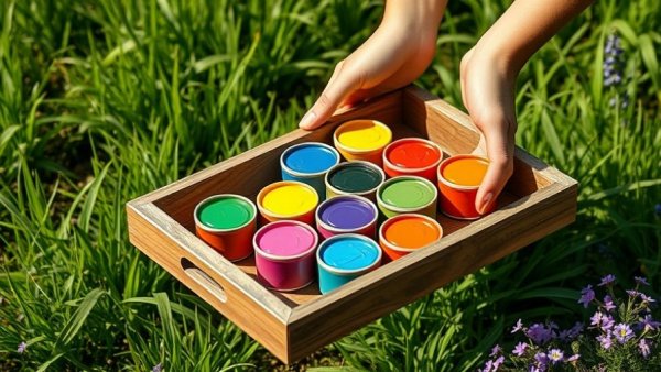Farbspaziergang für Kinder: vibrant paint pots in a lush garden