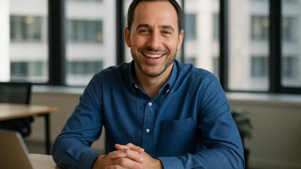 Smiling man in office setting discussing during a meeting.