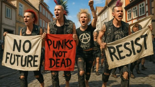 Protestmarsch der Punks auf Sylt, barefoot group holding banners in street.
