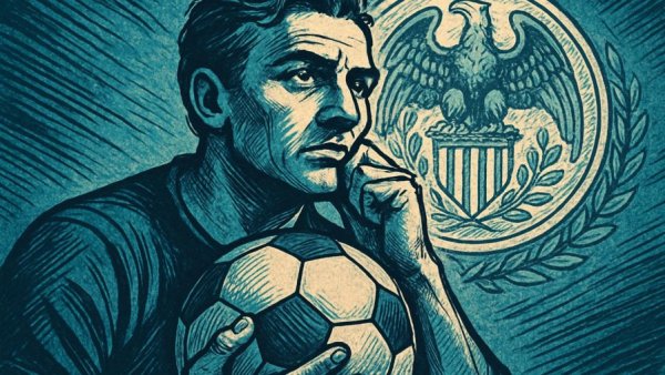 FC St. Pauli Geschichte depicted in a stylized comic illustration of a man with a soccer ball.