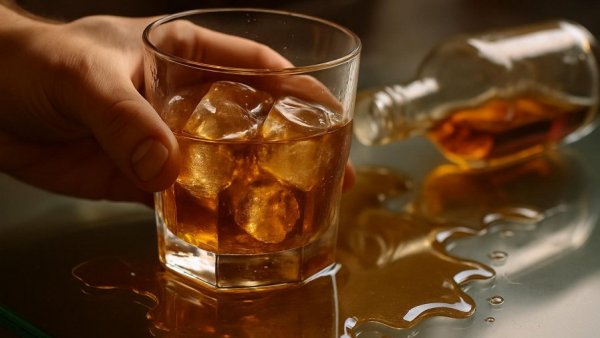 Close-up of a glass of alcohol held by a hand near a tipped bottle, ungesunde Alkoholsorten.
