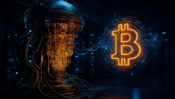 Quantum computer and Bitcoin symbol illustrating security implications.