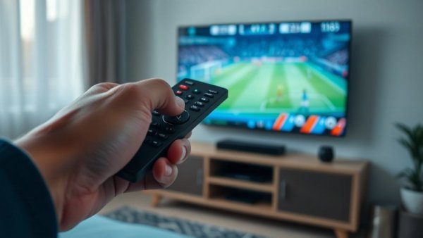 Hand holding remote while watching kostenlose Sportübertragungen on TV.