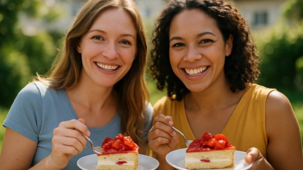 Ahrensburgs bester Erdbeerkuchen enjoyed by two women outdoors in sunlight