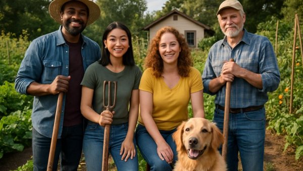 Group in garden with tools and dog for Kleingärten Räumung Mürwik.