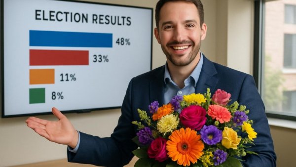 Bürgermeisterwahl Reinbek: Man with bouquet and election results screen.