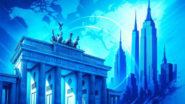 Langsame deutsche Energiewende illustration with Brandenburg Gate and city skyline.