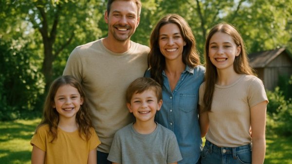 Familienfitness mit Spaß: Smiling family of five outdoors.