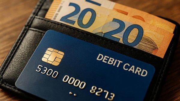 Wallet with debit card and euro banknotes for Notfallbargeld.