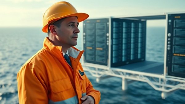 Engineer inspecting floating AI data center over ocean